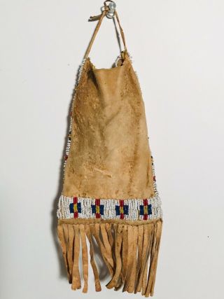 19th C Sioux Sinew Beaded Fringed Hide Bag,  White Heart Red - Blue - Yellow - White,  Nr
