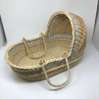 Vtg Large Wicker Moses Baby Basket Carrier Bassinet 20” Blue Ribbon Baby Shower