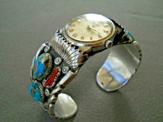 Native American Navajo Morenci Turquoise & Coral Sterling Silver Watch Bracelet