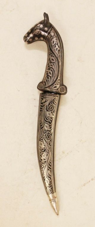 Mughal Dagger Damascus Blade Knife Silver Koftgari Inlay Horse Face Christmas Gi