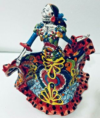 Talavera Catrina 17 " Xl Day Of The Dead Mexican Pottery Art Twirling Dancer