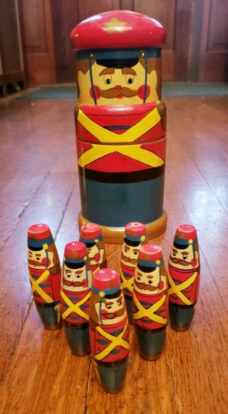 Last Chance Vintage Wooden Toy Soldiers Nesting Doll,  Bowling Game,  Skittles