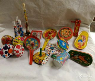 8 Vintage Tin Noise Makers Metal Toy Years Eve Party