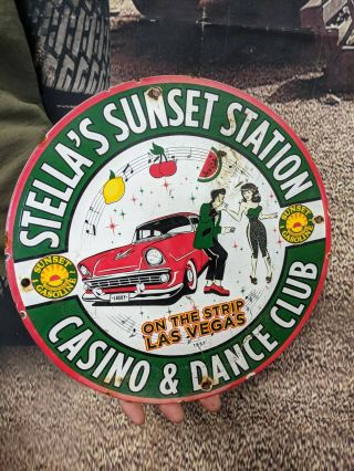Old Vintage Dated 1957 Sunset Gasoline Motor Oil Porcelain Gas Pump Sign Casino