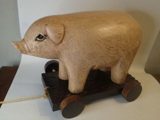 Vintage Wooden Pig Pull Toy String Wheels