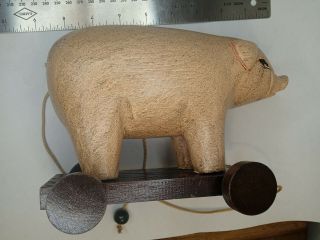Vintage Wooden Pig Pull Toy String Wheels 3