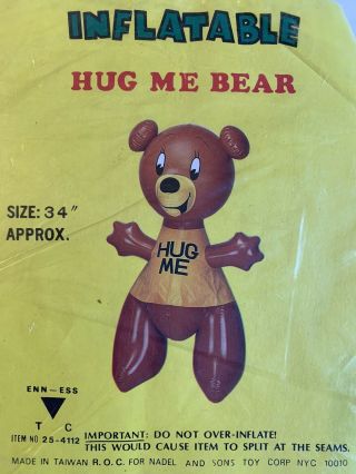 Vintage Inflatable “hug Me Bear” 34 In Tall,  By Nadel And Sons Toy Corp Nyc 1983