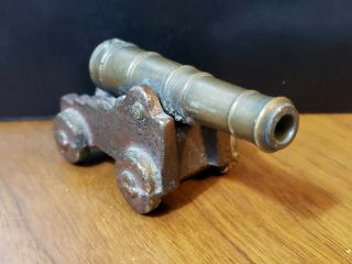 Cool Little Vintage Toy Cast Iron & Brass Miniature Cannon 3 " Barrel