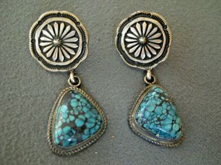 Running Bear Native American Tortoise Turquoise Sterling Silver Stamped Earrings