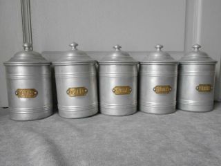 Set Of 5 French Vintage Metal - Alu Canisters W/ Labels Marked France