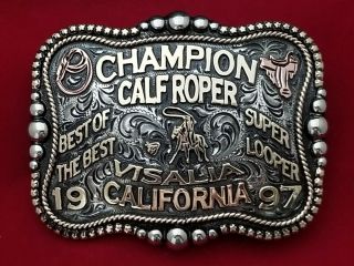 1997 Rodeo Trophy Belt Buckle Visalia California Calf Roping Champ Vintage 251