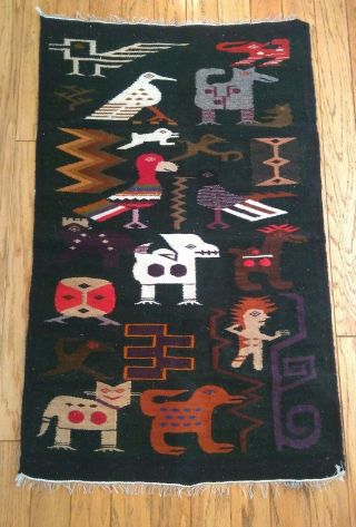 Vintage Hand Woven Peruvian Cave Art Tribal Animal Symbol Aztec Rug Tapestry
