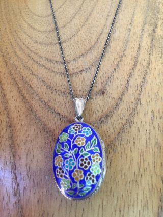 Vintage Sterling Silver French Style Blue Enamel Locket Pendant Necklace Gift