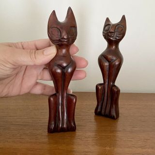 2x Vintage Mid Century Carved Wood Wooden Miniature Cat Statues Figures