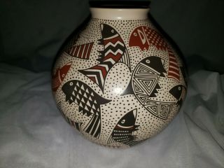 Mata Ortiz Bowl By Lidia Lucera 8 " X 7 " Adorned With Fish