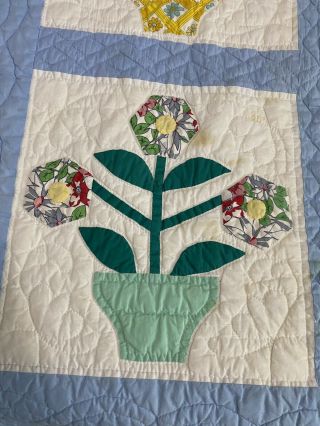 VTG Handmade Quilt Coverlet Bedspread Flower Pot Applique Blue 58  x 76 2