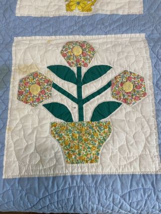 VTG Handmade Quilt Coverlet Bedspread Flower Pot Applique Blue 58  x 76 3