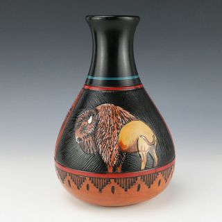 Native American Navajo Buffalo Pottery Vase By Arnold Brown Navajo