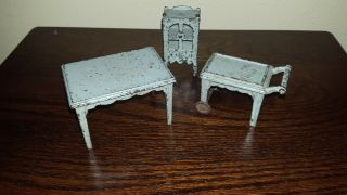 Cast Iron Kilgore Dollhouse Items - Table,  Tea Cart,  Cabinet,  Lampshade