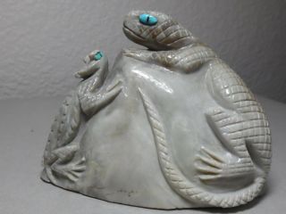 Zuni Fetish F - 992 Picasso Marble Horned Toad & Lizard On Rock By Michael Laweka