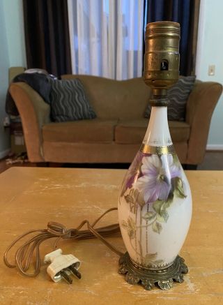 Vintage Hand Painted Porcelain Floral Table Lamp With Gold Accents