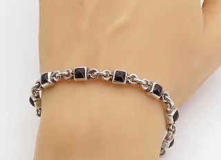 Mexico 925 Silver - Vintage Black Onyx Square Link Petite Chain Bracelet - B9041