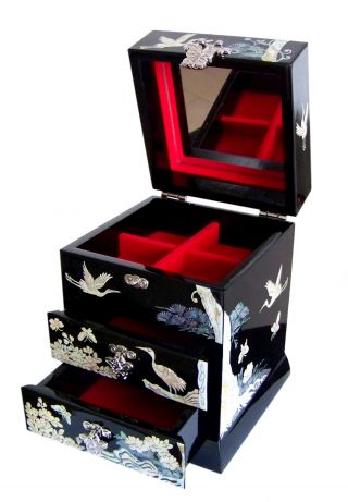 Korean Mother Of Pearl Inlaid Lacquer Ware Jewelry Box Najeon Chilgi / Mirror