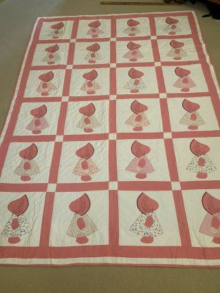 Sunbonnet Sue Handmade Quilt Blanket Girl Bonnet Patchwork Vintage Pink 66” X 92