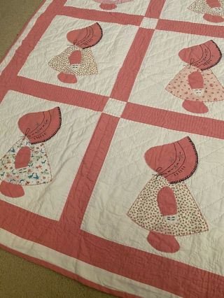 Sunbonnet Sue Handmade Quilt Blanket Girl Bonnet Patchwork Vintage Pink 66” X 92 2