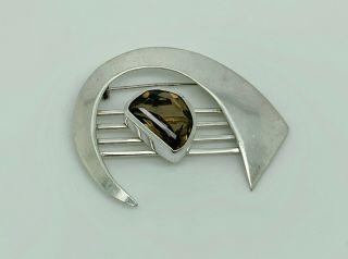 Gorgeous Vintage Israeli Studio Sterling Silver Smokey Quartz Modernist Brooch