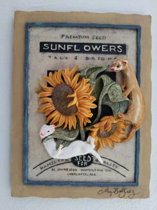 Artist Sculpted Albino And Champagne Ferrets On Sunflower Wall Plaque