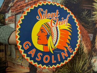 Vintage Silent Chief Gasoline Motor Oils Porcelain Enamel Gas Pump Sign Indian