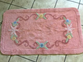 Vintage Chenille Bath Mat Rug & Toilet Seat Cover Salmon Pink With Flowers