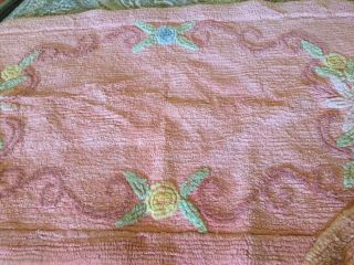 Vintage Chenille Bath Mat Rug & Toilet Seat Cover Salmon Pink with Flowers 2
