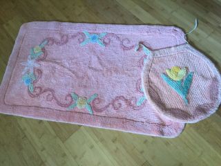 Vintage Chenille Bath Mat Rug & Toilet Seat Cover Salmon Pink with Flowers 3