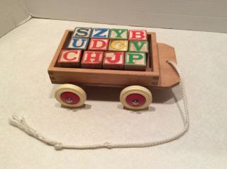 Vintage Toy Wooden Wagon Pull Toy With Wood Blocks