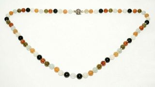 Vintage Chinese Multicolor Jade Bead Necklace W.  Silver Clasp (kat) 5