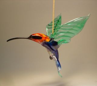 Blown Glass Figurine Bird Hanging Green And Blue,  Red Head Hummingbird Ornament