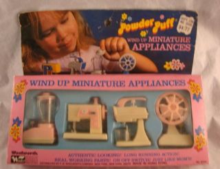 Vintage Hong Kong Powder Puff Wind Up Plastic Miniature Appliances