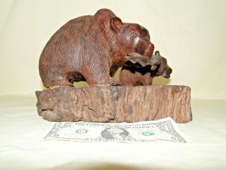 Unique Hand Carved Ironwood Grizzly Bear With Fish & Cub Figurine Wood Carving