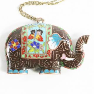 Chinese Cloisonne Elephant Pendant Necklace Enamel Brass