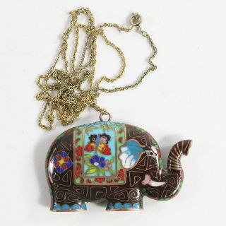 Chinese Cloisonne Elephant Pendant Necklace Enamel Brass 3