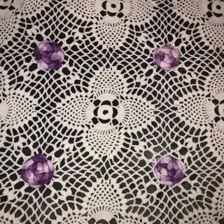 Vintage Hand Crocheted Bedspread Ivory w Purple Rosettes Queen 94 