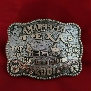 Rodeo Trophy Buckle☆2001☆amarillo Texas Top 20 Team Penning Champion Vintage 847