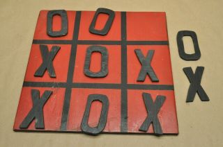 Vintage Tic Tac Toe Red Black Board Primitive Handmade Wood Folk Art