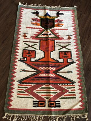 Old Vintage Mexican Hand Woven Figural Wool Rug Aztec Wall Textile 27”x 45”