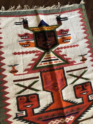 Old Vintage Mexican Hand Woven Figural Wool Rug Aztec Wall Textile 27”x 45” 2