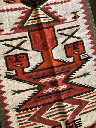 Old Vintage Mexican Hand Woven Figural Wool Rug Aztec Wall Textile 27”x 45” 3