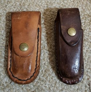 2 Vtg Pocket Folding Knife Sheath Holders Pouches Brown Soft Leather Belt Case