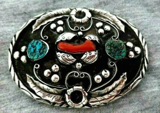 Vintage Navajo Sterling Silver Belt Buckle With Turquoise,  And Red Coral Signed